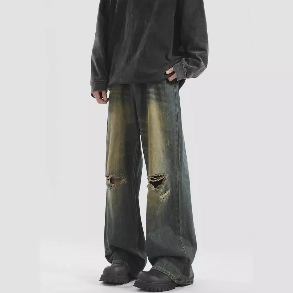 Men's Yellow Mud-Dyed Retro Flared Jeans - Summer Trendy, Loose, Floor-Length.