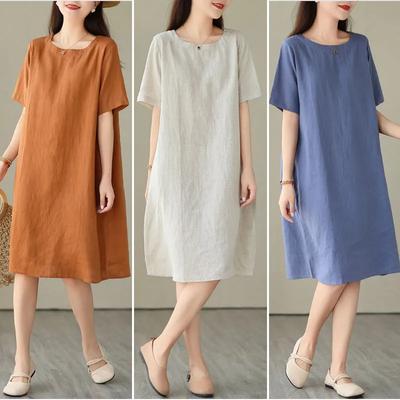 Cotton Linen Dress Women Summer Casual Large Size Loose Retro Mid Length Round Neck Base Skirt