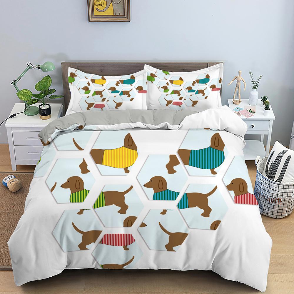 Cute Cartoon Dachshund King Queen Full Duvet Cover Pet Dog Bedding Set Lovely Animal Puppy Comforter Cover Polyester Quilt Cover