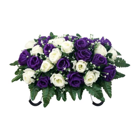 

Artificial Cemetery Headstone Flower Saddle 34-Head Realistic UV-Resistant Fake Silk Rose Outdoor Tombstone Memorial Flower Decoration