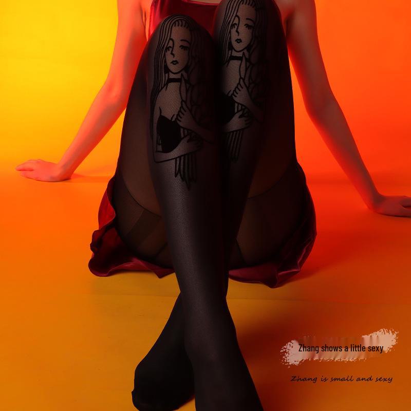 Elegant Black Silk Tattoo Print Bow Socks - Anti-Snagging, Sheer, & Stylish for Summer