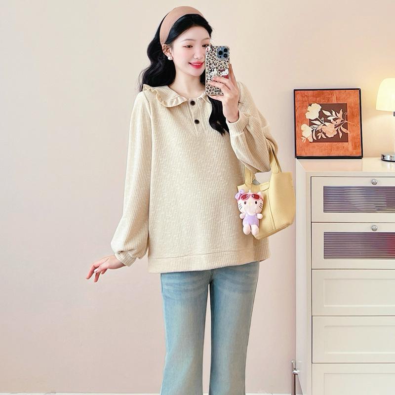 

2025 Spring Faux Cashmere Maternity Hoodie with Doll Collar and Puff Sleeves M