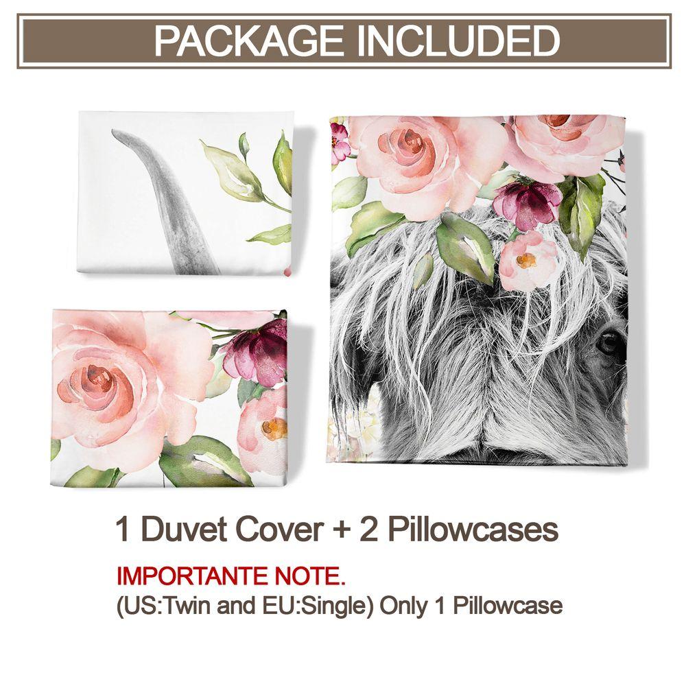 Highland Cow Floral Print Duvet Cover Set (1 Duvet Cover & 1/2 Pillowcase) Farmhouse Boho Bedding Set for Bedroom Decor