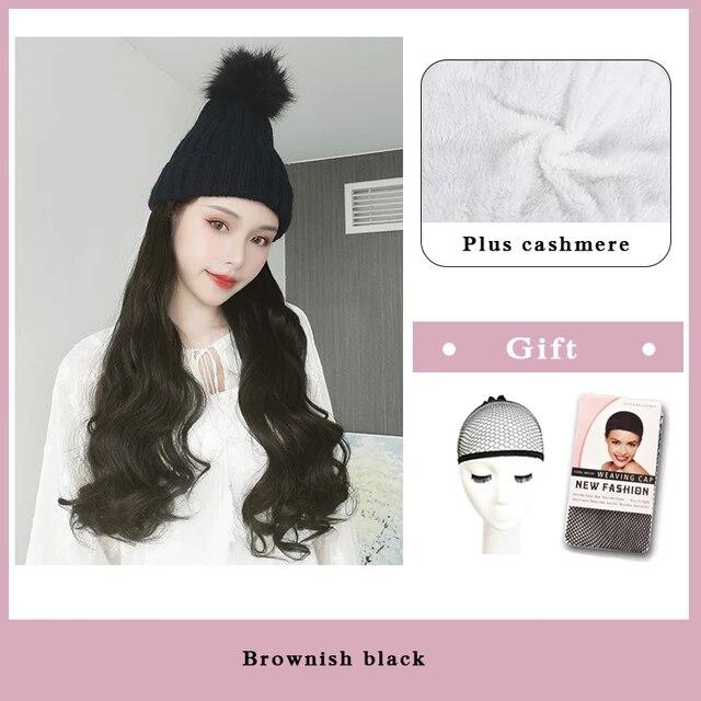 

Парик женские длинные волосы со шляпой парик один женский летний натуральный стиль с полной головой модный сетчатый красный тренд длинные вьющиеся волосы 22inches