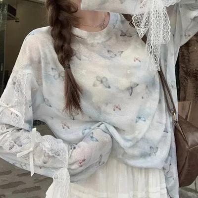 T-shirt à Manches Longues Imprimé Papillon Été Nouveau Motif Style Fin Chic Ample Col Rond Tops Crème Solaire Vêtements pour Femmes