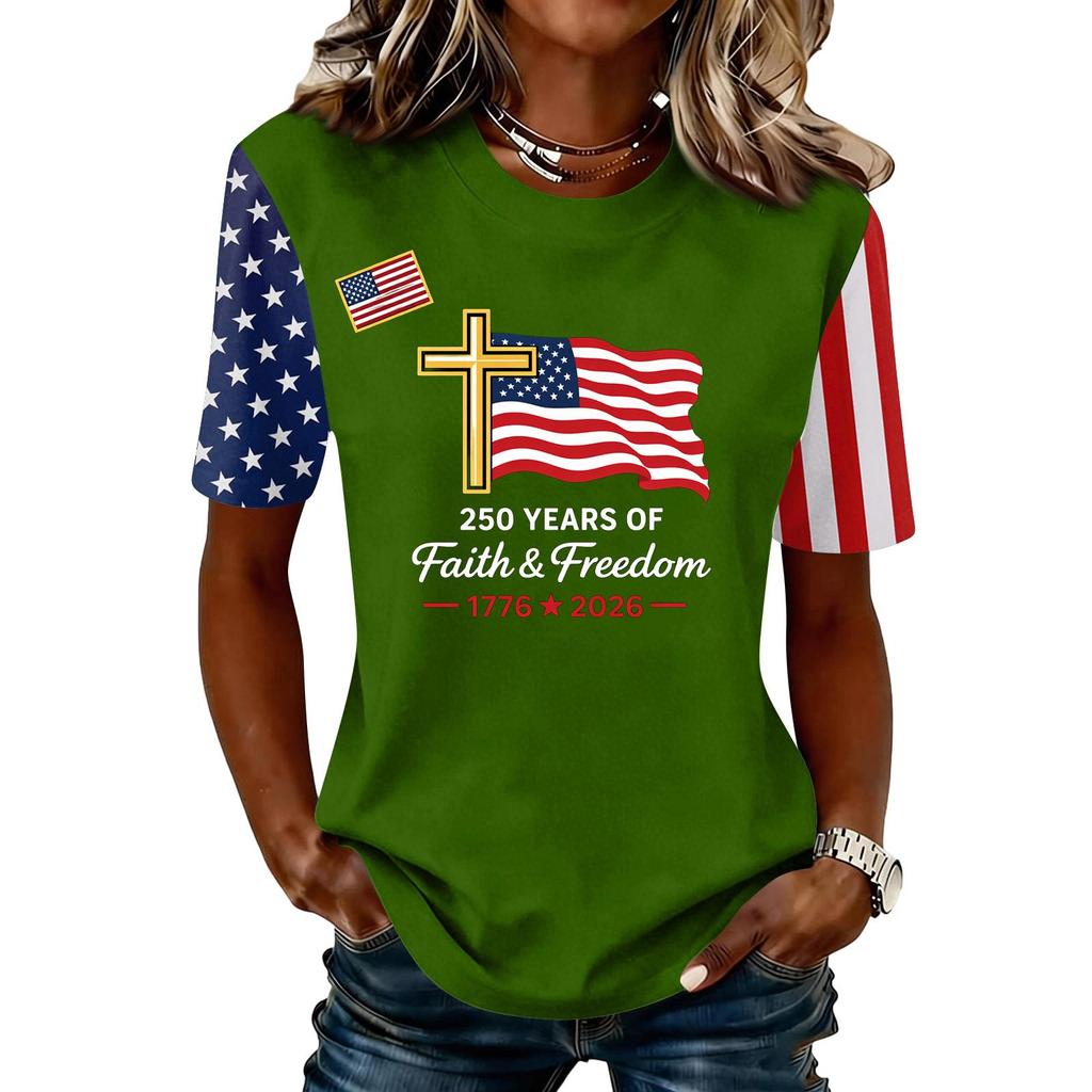 Womens Casual Crewneck Short Sleeve T Shirt Top with 250 Years and Print Flag Cross Graphic 1776 2026