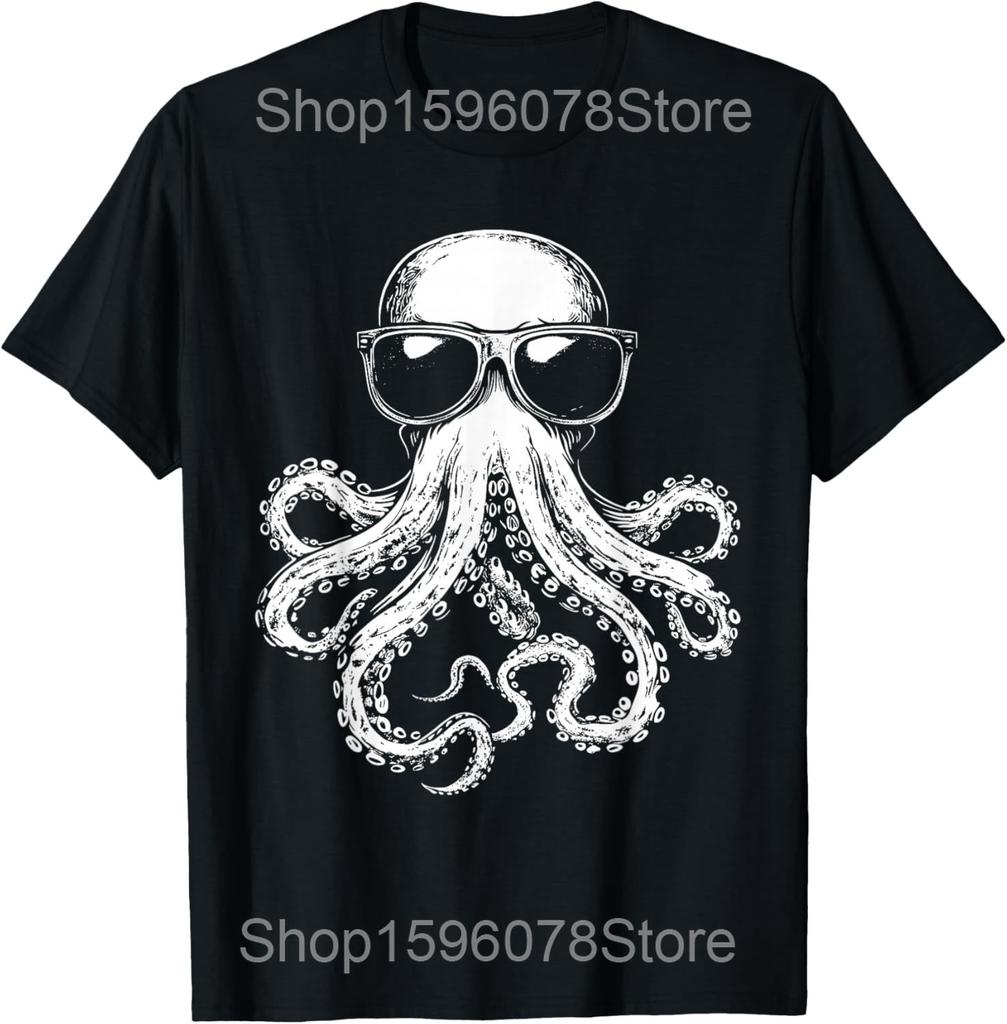 Octopus Sunglasses Animal Ocean Sea T Shirts Men Pure Cotton Humor Streetwear Tee Shirt Short Sleeve Unisex Loose Clothing