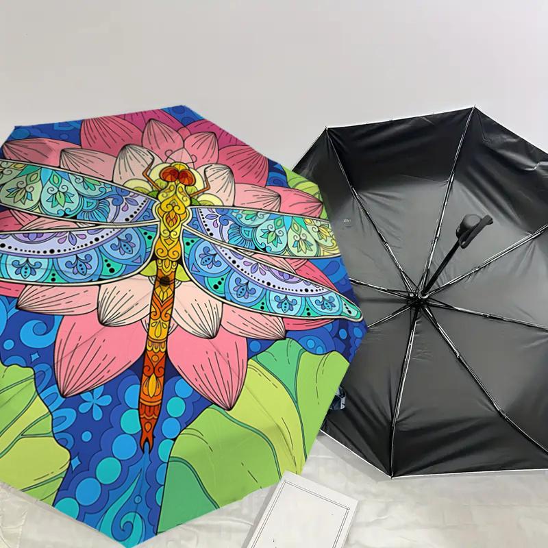 Colorful Lotus Dragonfly Mandala Automatic Opening Folding Umbrella with 8-Bone Iron Frame, Suitable for Fans, Travel, Daily Use, Festive Gi