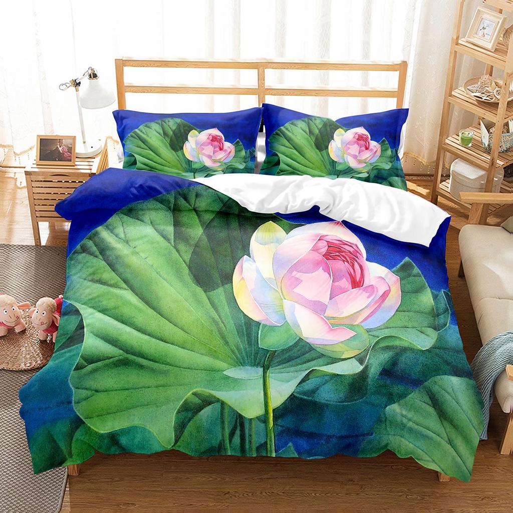 Lotus Flower Duvet Cover Set Lotus Leaf Pattern Polyester Quilt Cover King Full Size For Kids Teens Bedding Set With Pillowcase