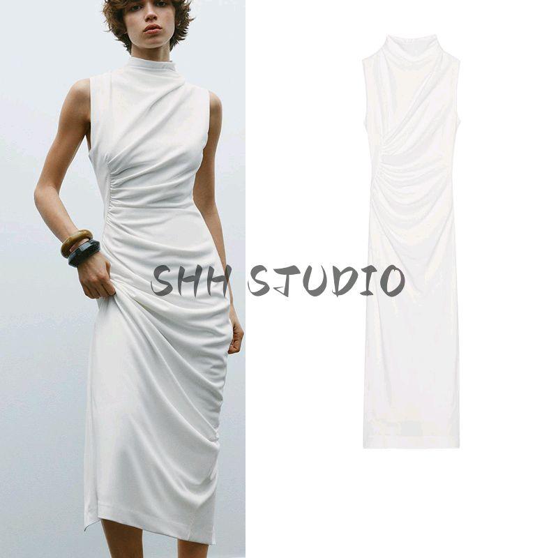 Spring New Women Clothes French Style Slim Fit Knitted Pleat Decorative Stand Collar Sleeveless Dress 4772345