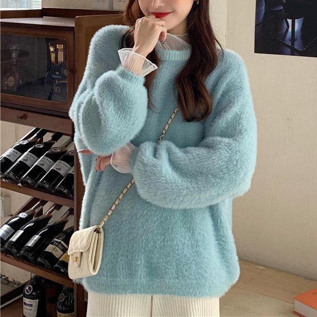 

Fashion thickened outer wear loose splicing gentle wind soft waxy autumn and winter new long-sleeved pullover women s knitted sweater average size светло-синий