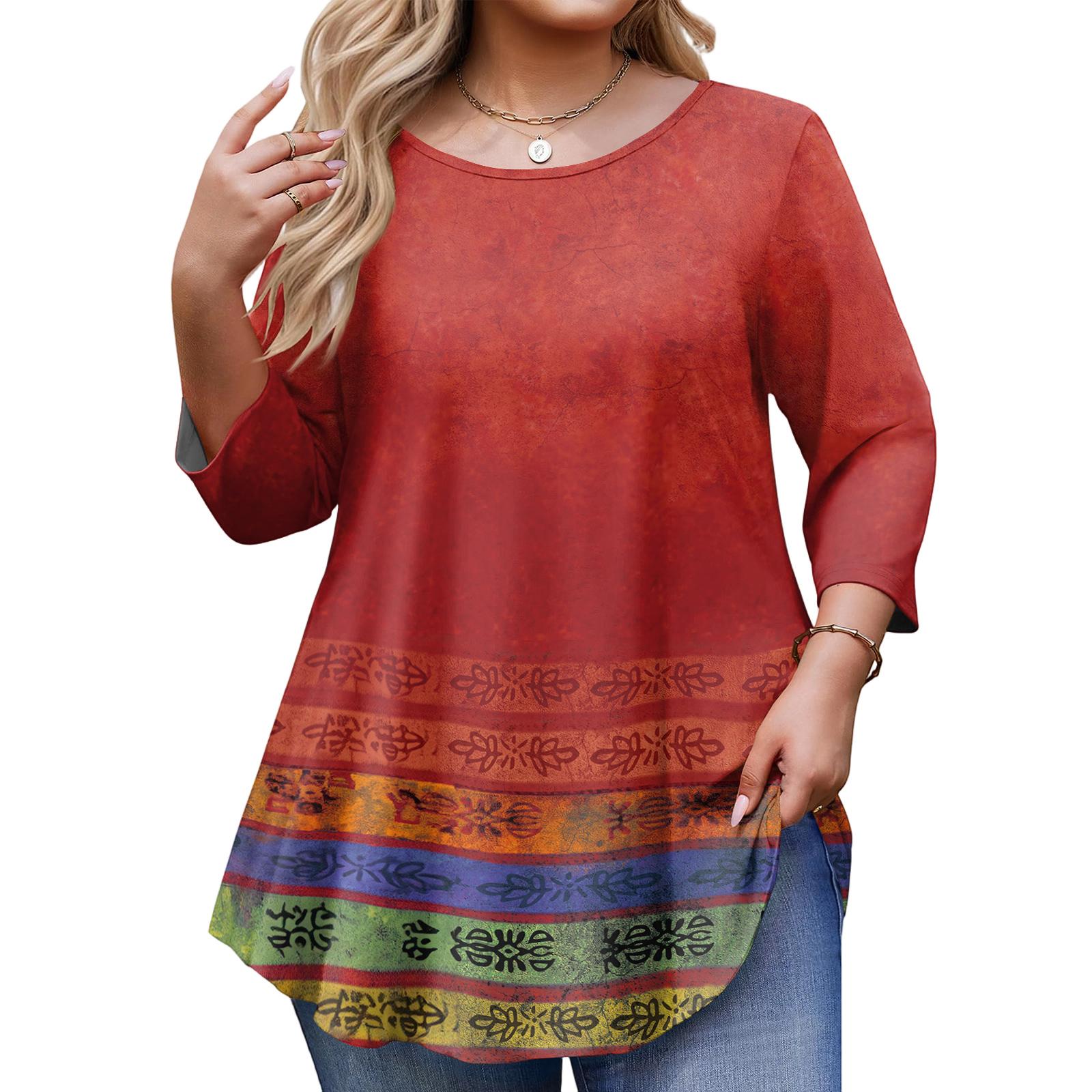 

Women s Plus Size 3/4 Sleeve Curved Hem Round Neck Fashionable Top XL червоний