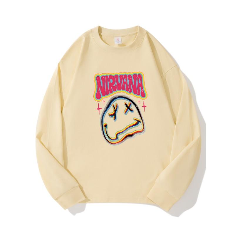 

ColorfulSmileyFaceAutumn Clothing Длинные рукава из чистого хлопка Новые мужские и женские топы, весенний внутренний слой, базовая рубашка, футболка с круглым вырезом и длинными рукавами XXL бежевый