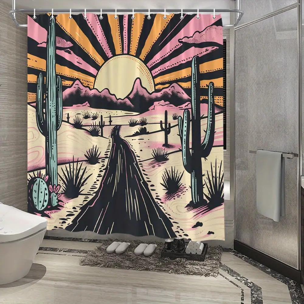 1pc Large 70x70 Inch Retro Desert Sunset Shower Curtain - Vintage Western Bathroom Decor with Cactus, Mountains, Pink & Orange 90x180cm разноцветный