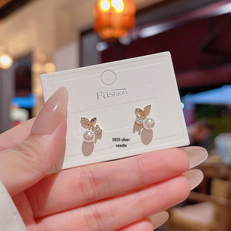 Sterling Silver Bow Gardenia Stud Earrings - Light Luxury Korean Style