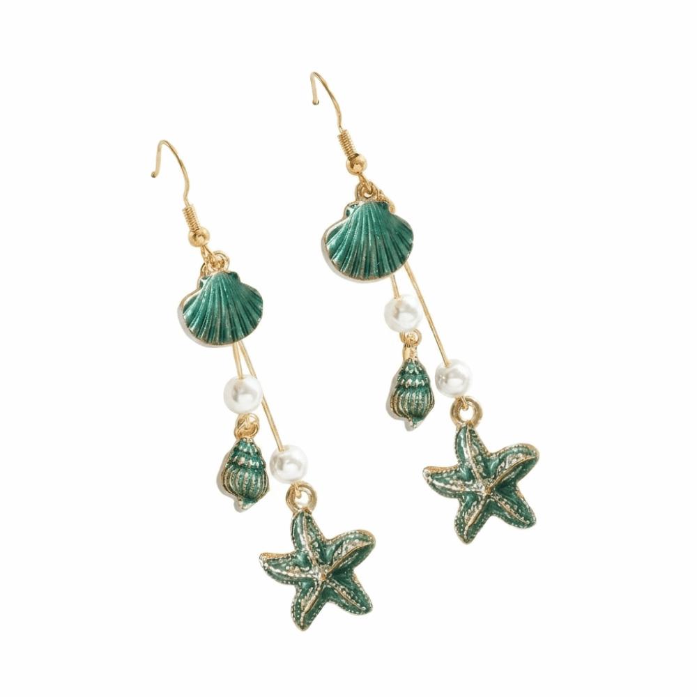 Bohemian Style Alloy Starfish Drop Earrings Conch Shell Long Tassel Earrings Geometric Shape Elegant Enamel Earrings Vacation