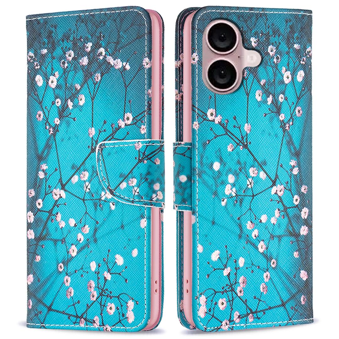 

For iPhone 16 Leather Case Pattern Printing Wallet Stand Anti-Fall Phone Cover Plum Blossom