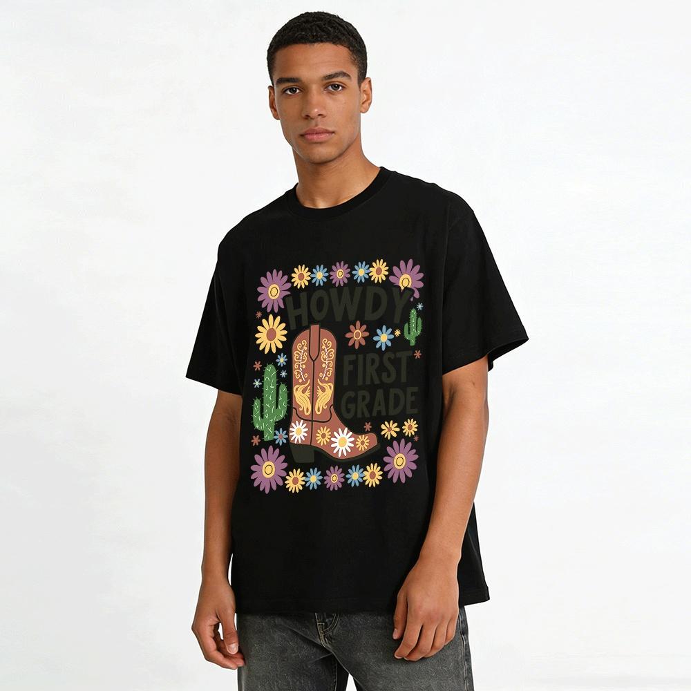 Howdy First Grade Western Cowboy Boot Flower Kids Back To School Top Pure Cotton T-shirt