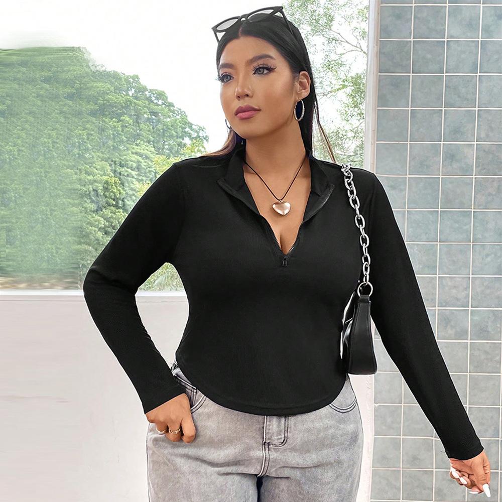 Large size women's solid color bottoming shirt zipper long-sleeved T-shirt women's autumn and winter new sexy spice slim top
