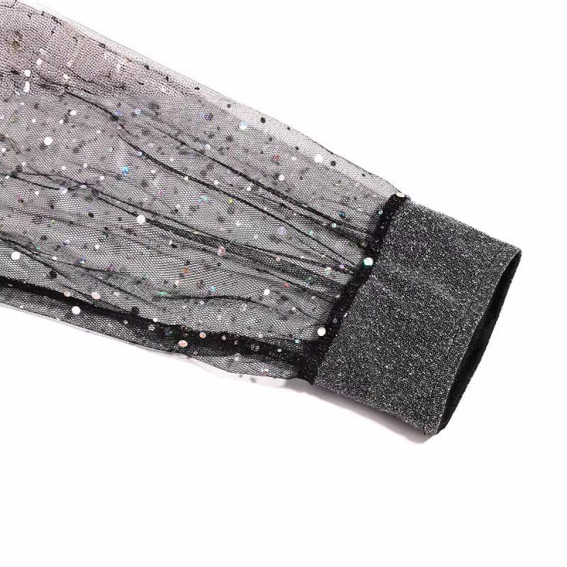 Tooxika Women's Long-sleeved V-neck Sequined Mesh Stitching Pullover Dress Female Sexy Dress