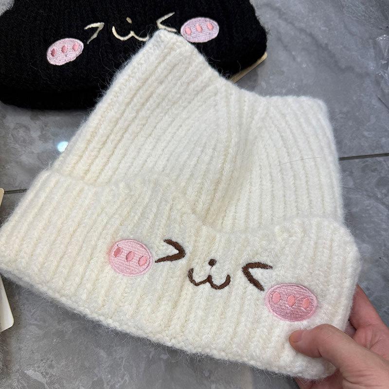 Cute cat ears embroidered wool hat female autumn and winter warm big head circumference showing small face cold-proof knitted hat cold hat
