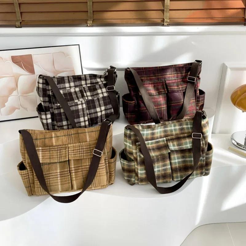 Women's Checkered Wool Shoulder Bag Colorful Large Capacity Casual Bag Fashion  Bags