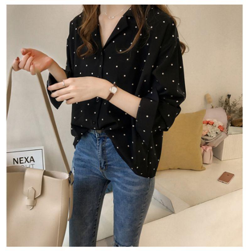 

Женская модная шифоновая блузка с длинными рукавами и принтом в горошек Black M