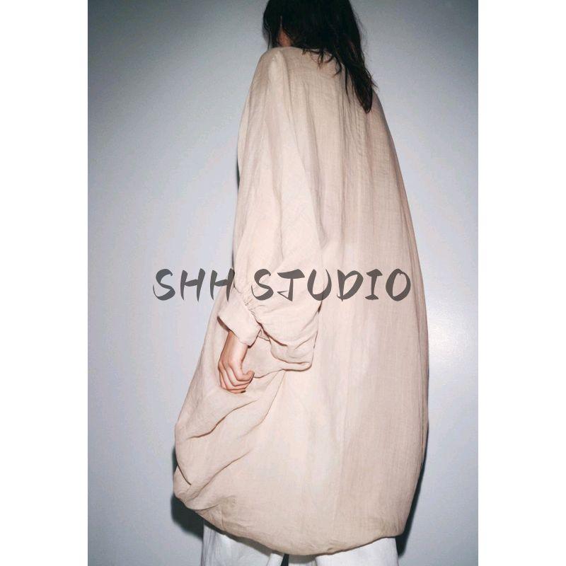 Summer New Product Women's Clothes French Asymmetric Hem Ramie Blended V Neck Long Sleeves Long Shirt 4043245