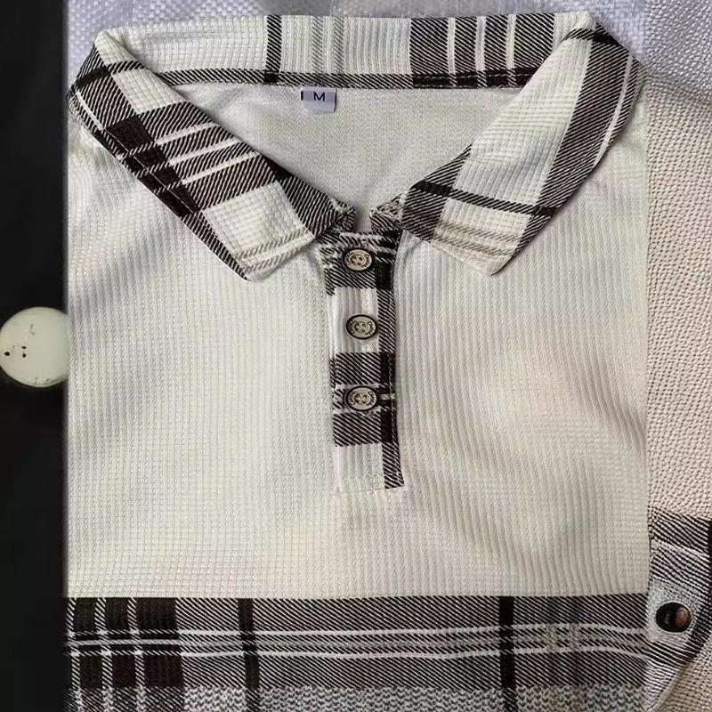 New Men's Casual Polo Shirt Long-Sleeved Colour-Blocked Checkered Button-Down Waffle-Weave Print Long-Sleeved Top
