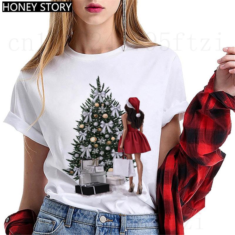 Fashion Cartoon Christmas Tree Graphic Women T-Shirts Summer Short Sleeve O-Neck Female Tops Streetwear Y2K Clothing