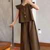 Girl Summer Sweet Solid Color Set Ruffle Shirt Doll Shirt Wide Leg Pants Two Piece Set