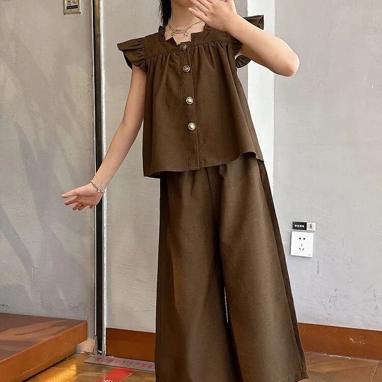Girl Summer Sweet Solid Color Set Ruffle Shirt Doll Shirt Wide Leg Pants Two Piece Set