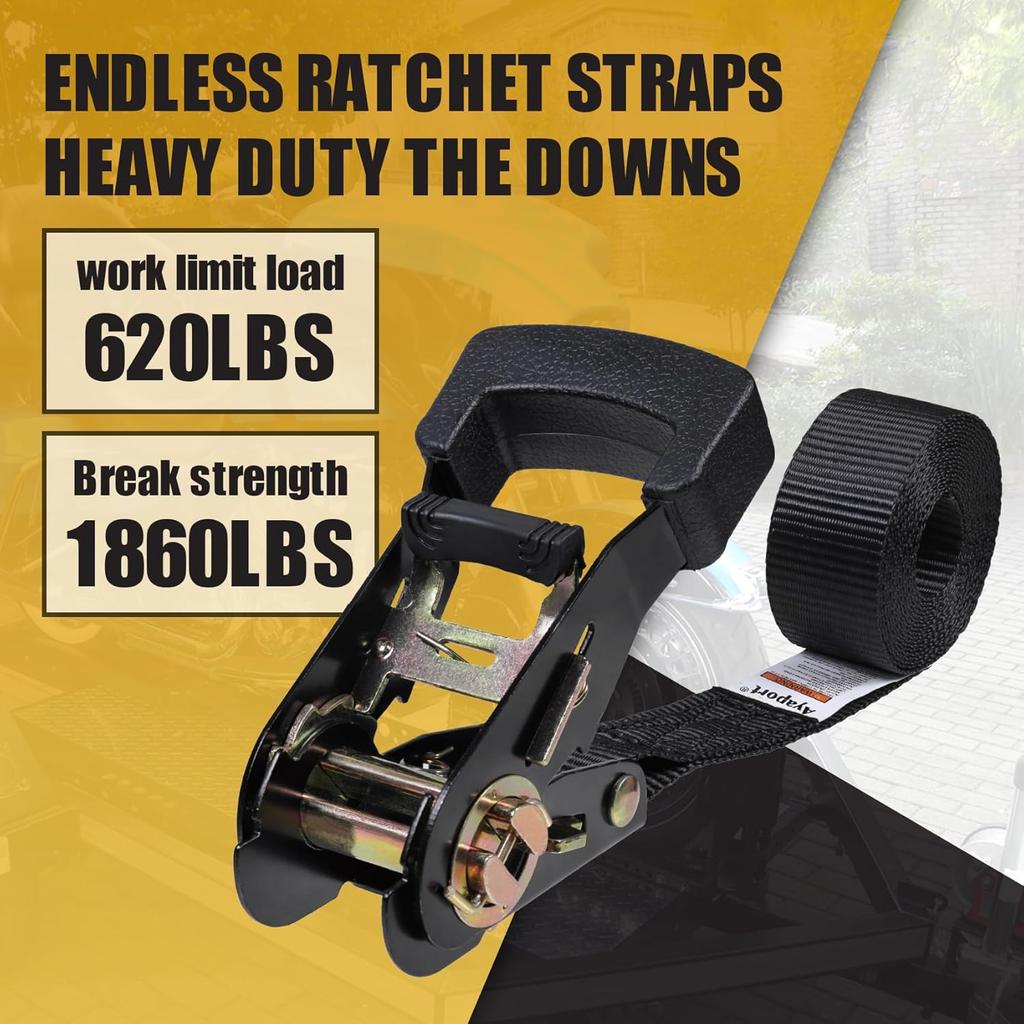 Ayaport Endless Ratchet Straps (No Hooks) 1" X 8' Heavy Duty Small Ratchet Tie Down Straps 1860Lbs Break Strength Black Tie Downs For Cargo, Truck