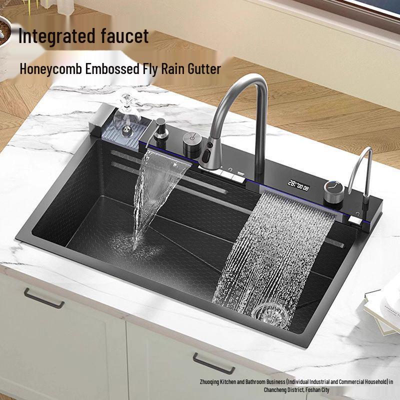 Lavello da Cucina a Vasca Singola Grande da 6MM con Display Digitale, Doccetta Integrata e Design Embossato a Nido d'Ape Nano in Acciaio Inossidabile 304