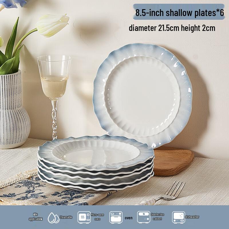 AIQIYIXUAN ME Aesthetic Ceramic Dinner Plates - Smoky Blue Petal Series 8.5 inch - 6 Pack