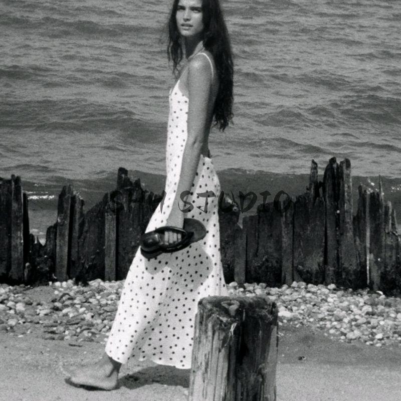 Summer Women's Clothing Open Back Design Patchwork Lining V-Collar Polka Dot Silk Satin Texture Midi Skirt Dress 3067214