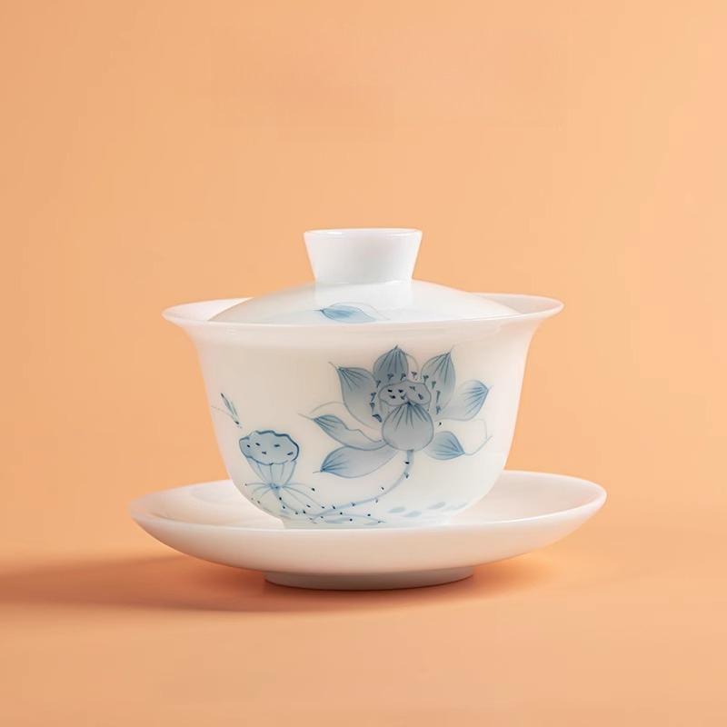 Porcelain Tea Set Chinese Tea Cup Hand Painted Lotus Gaiwan Luxury Gongfu Tea Ware Jade Ceramic Gift for Home Office Decor