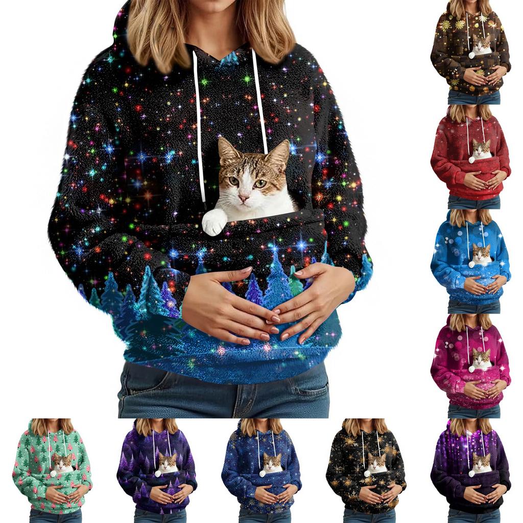 Women's Fashionable Casual Fleece Lined Long Sleeve Pocket Hooded Printed Sweatshirt