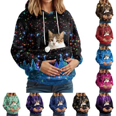 Women's Fashionable Casual Fleece Lined Long Sleeve Pocket Hooded Printed Sweatshirt