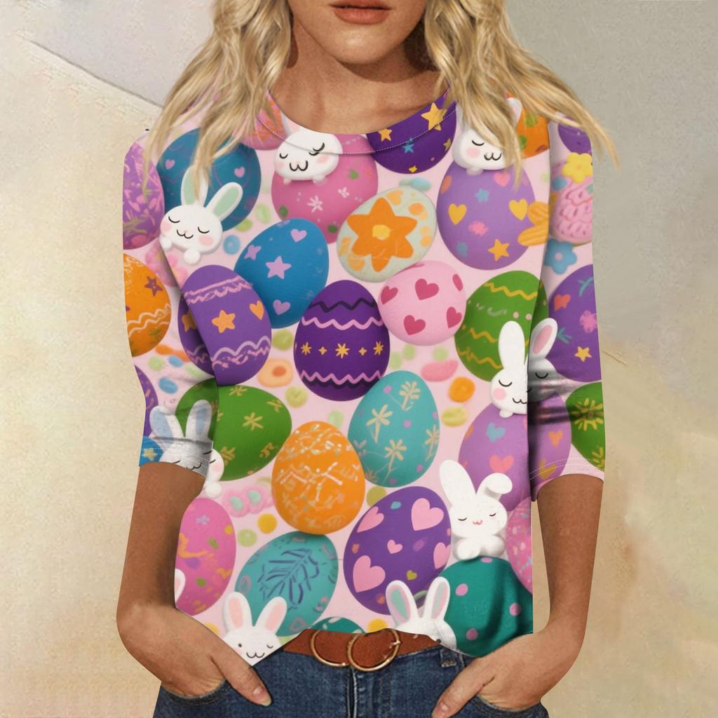 Top da donna casual con stampa di elementi pasquali, girocollo