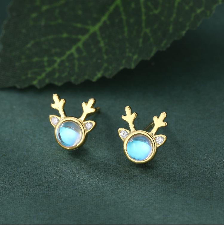 Higu E1015 S925 Silver Moonstone Antler Stud Earrings - New Christmas Trend, Mori Style
