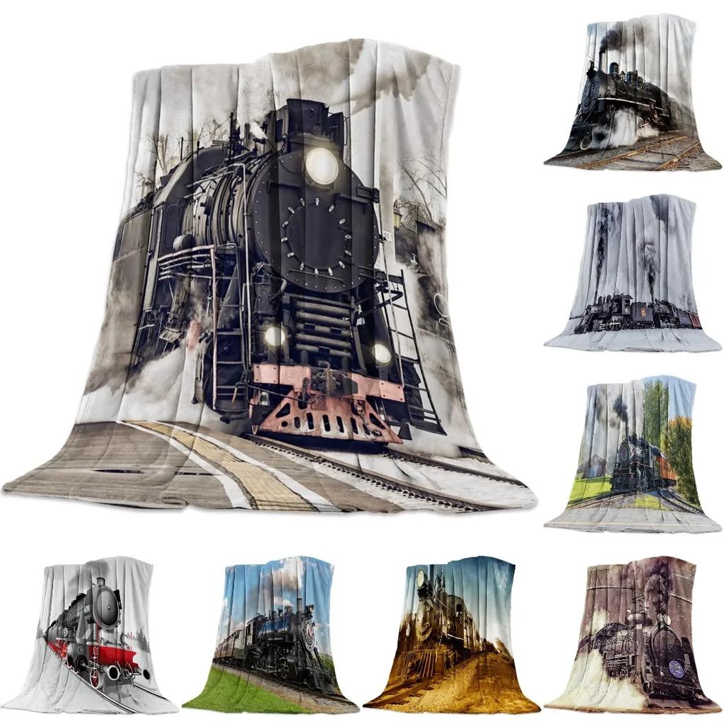 Flannel Blankets The Steam Age Of Old Trains Blanket Cushion Warm Throws on Sofa Bed Home Bedspread Travel Fleece Blanket Queen