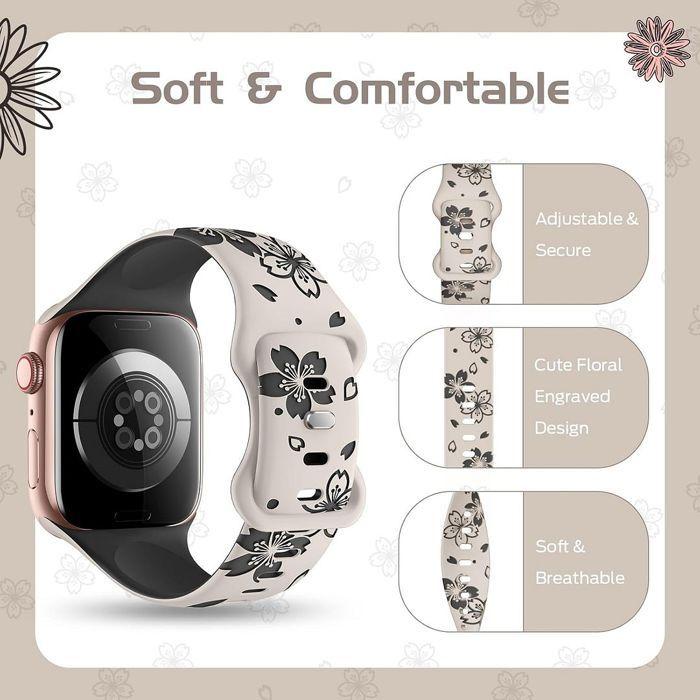 Bracelet pour Apple Watch Series Ultra 1/2/3, 11, 10, 9 8 SE 7 6 5 4 3 2 1 42mm-44mm-45mm-46mm-49mm Silicone Motif Fleur Blanc Noir