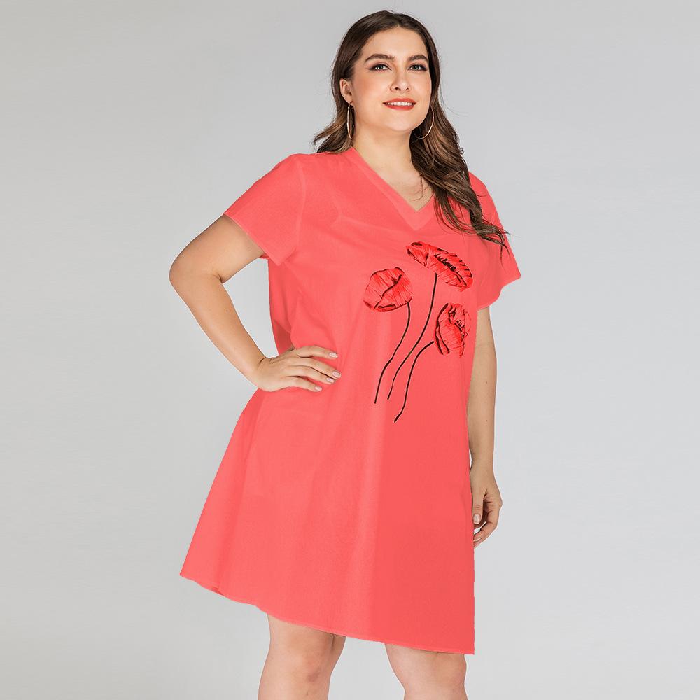 Letní dámské šaty Velké velikosti s výstřihem do V Potisk Volné šaty s krátkým rukávem