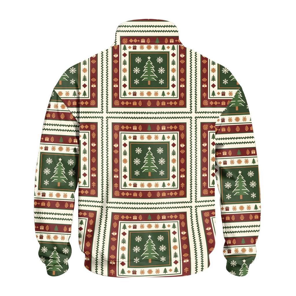 Men's Casual Quarter-Zip Stand Collar Sweatshirt with Christmas Print, Holiday Pullover