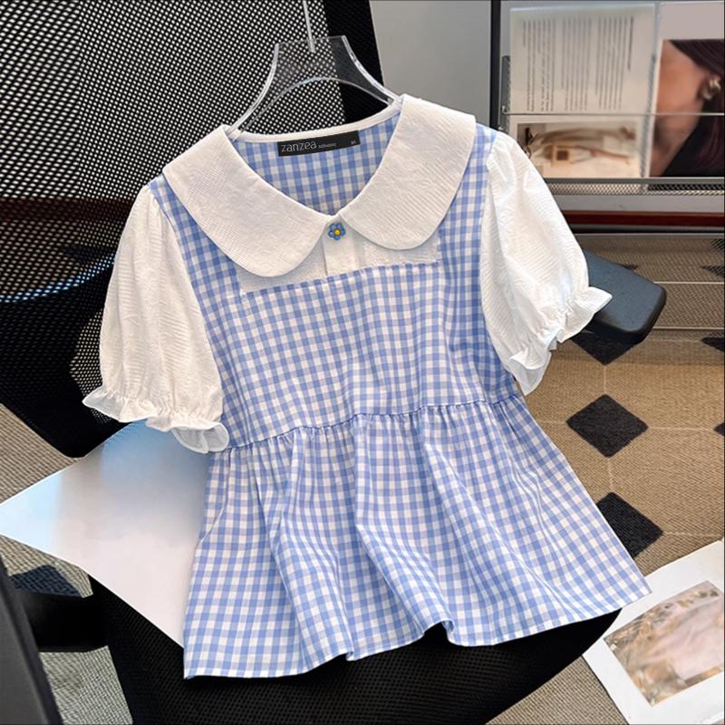

ZANZEA Women Doll Collar Summer Casual Grid Print Pachwork Short Sleeve Blouse 5XL синій