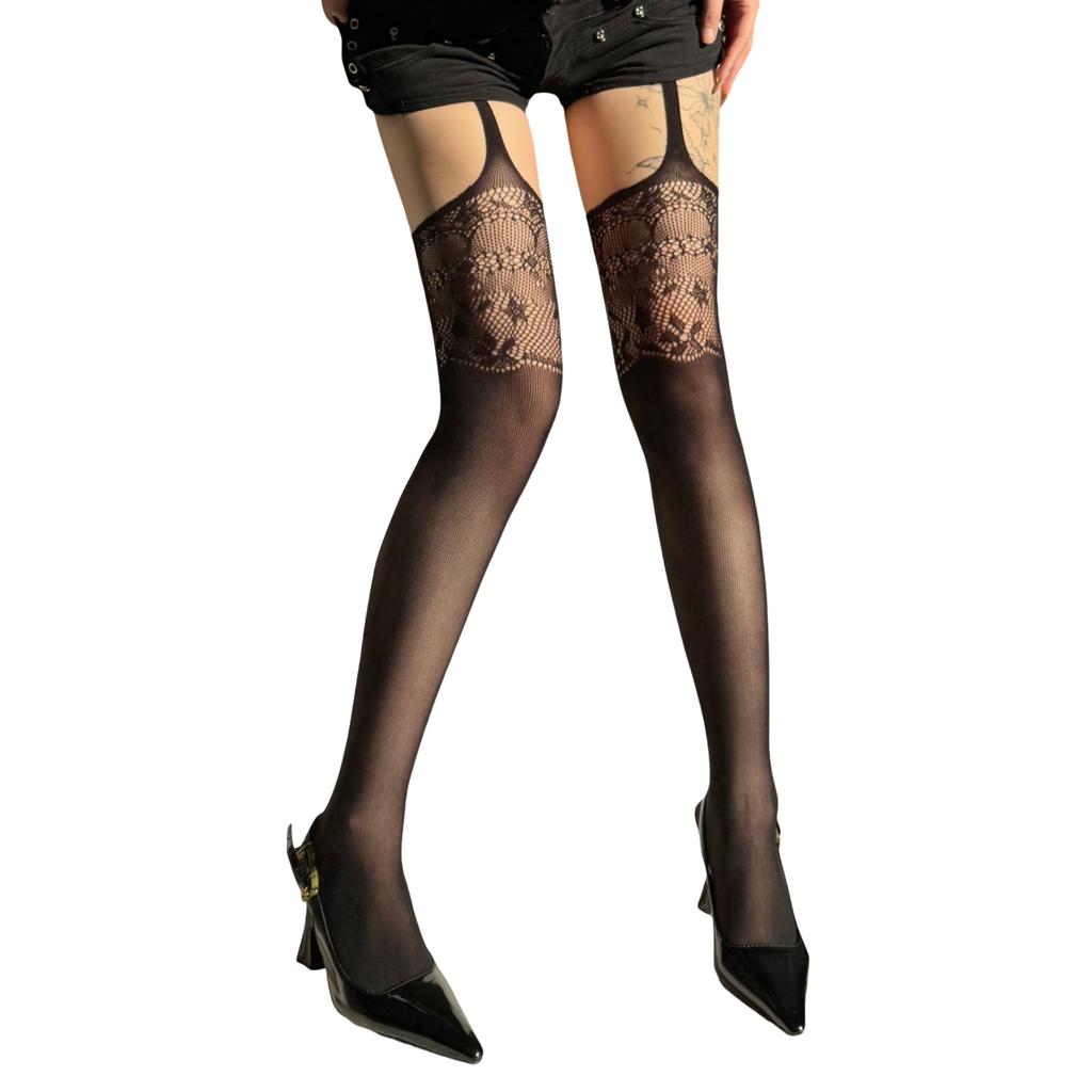 Lace Fishnet Thigh High Stockings Patterned Suspender Tights for Women Garter Belt Pantyhose Tights Fishnets Hosiery