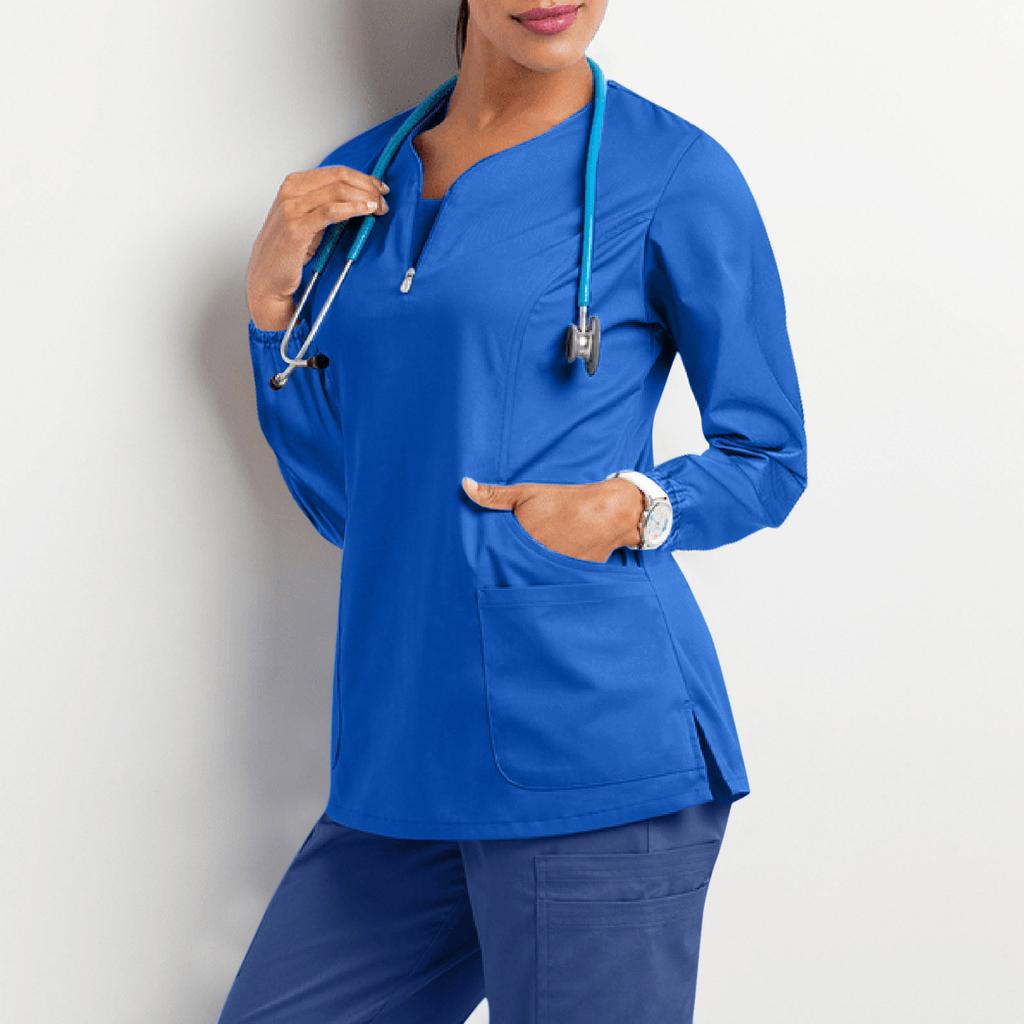 Women's Fashionable V-Neck Long-Sleeved Work Clothes With Drawstrings And Pockets Color Matching Tops And Protective Clothing