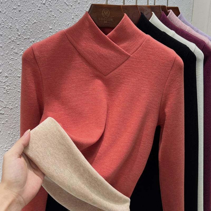 Stacked Collar Warm Fleece Bottoming Shirt Women's Autumn and Winter New Semi-turtleneck Long-sleeved Fleece Warm Silk Cashmere Top
