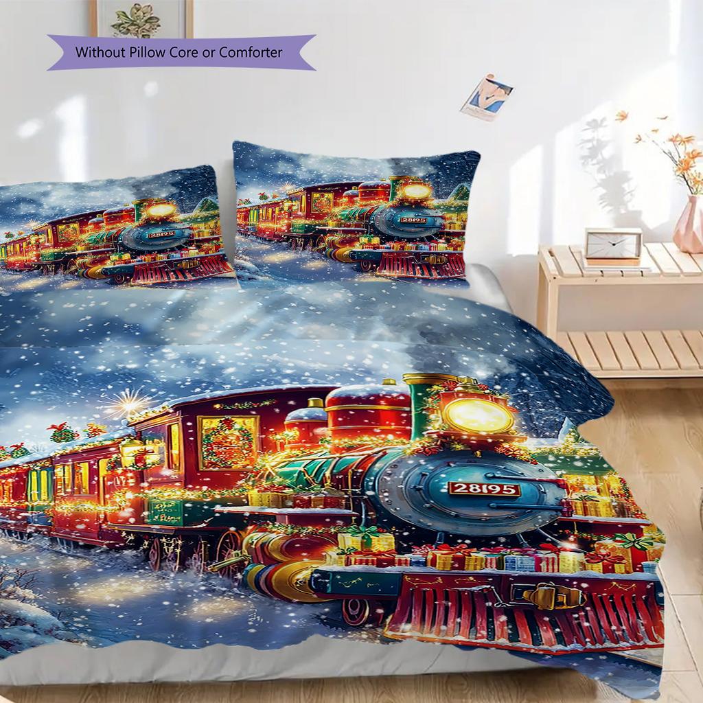 Train Pattern Bedding Quilt Set Quilt Cover Pillowcase Home Decoration Birthday Gift (1 * duvet cover + 2 * pillowcase, without core)